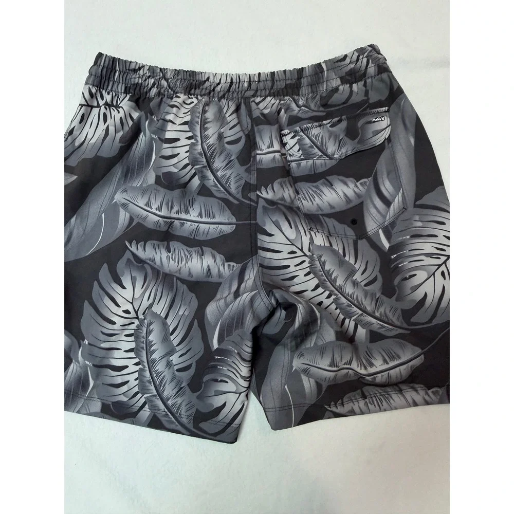 Hurley Mens Tropical Leaf Print Board Shorts Grey Black Elastic Waist Large